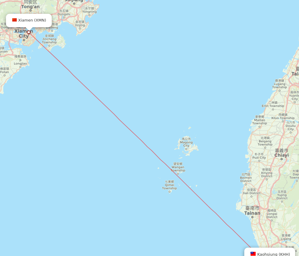 Xiamen - Kaohsiung route map and flight paths
