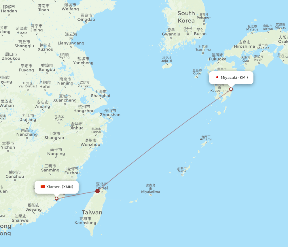 Miyazaki - Xiamen route map and flight paths