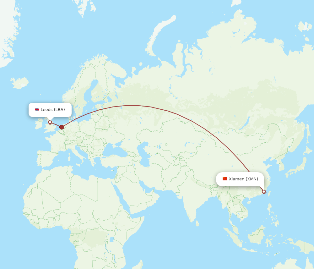 Leeds - Xiamen route map and flight paths
