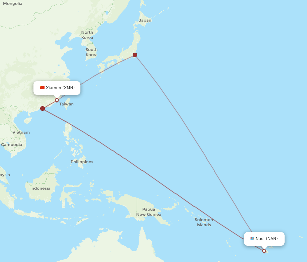 Nadi - Xiamen route map and flight paths