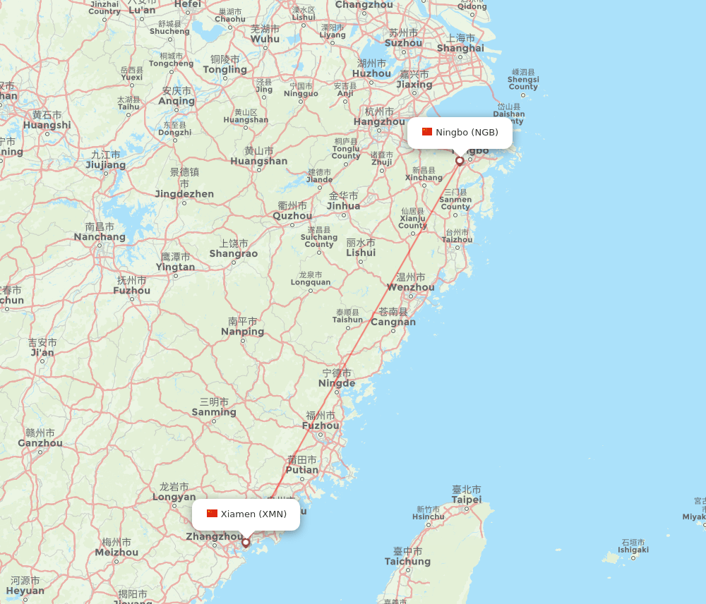 Xiamen - Ningbo route map and flight paths