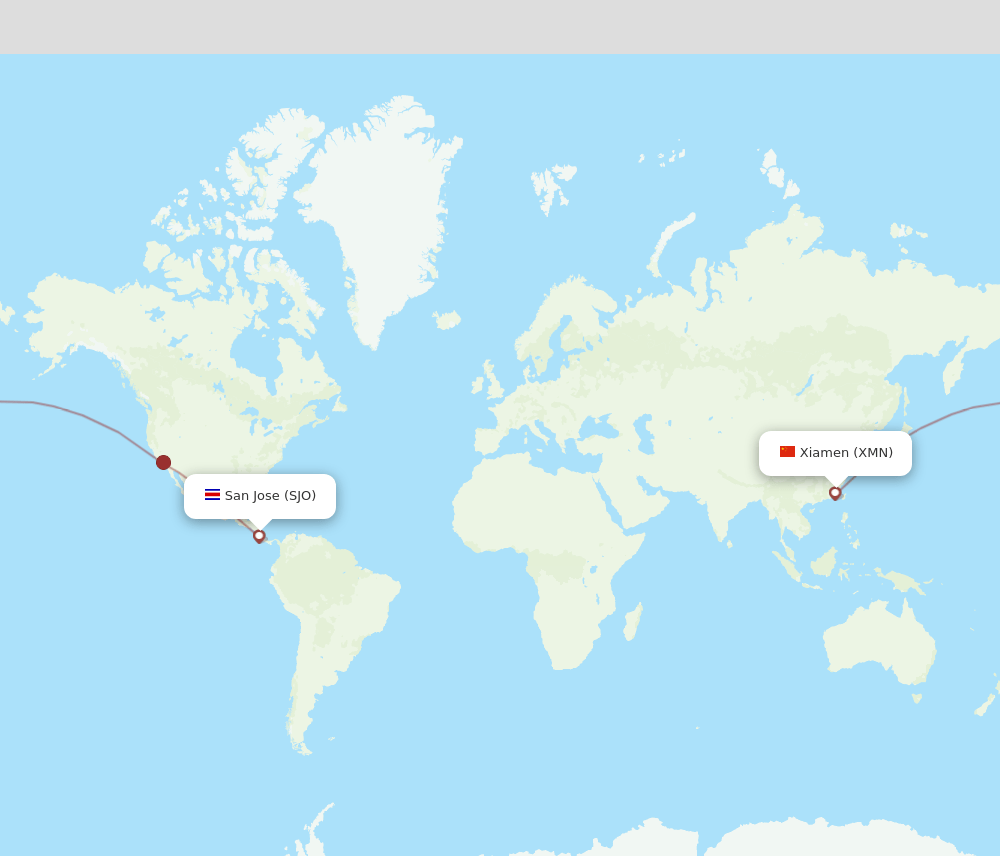 San Jose - Xiamen route map and flight paths