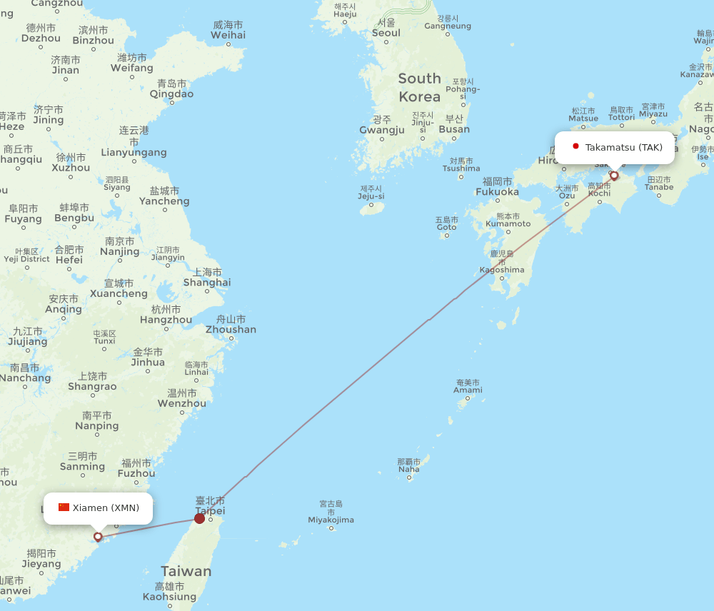 Takamatsu - Xiamen route map and flight paths