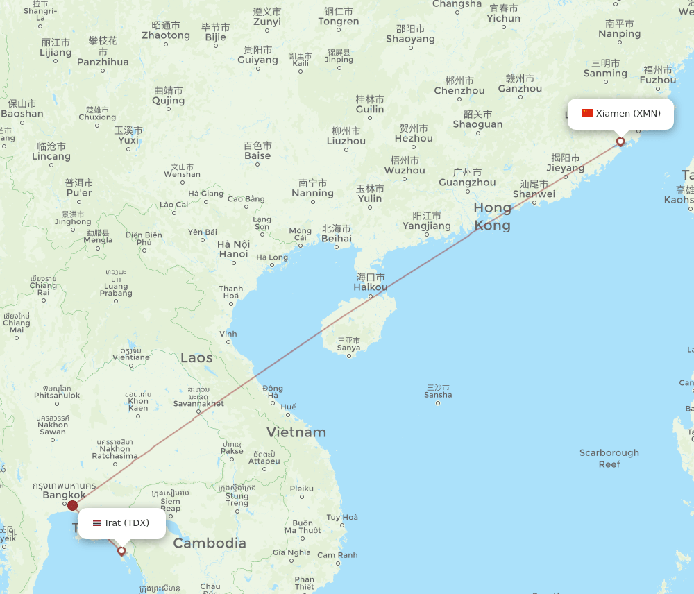 Trat - Xiamen route map and flight paths