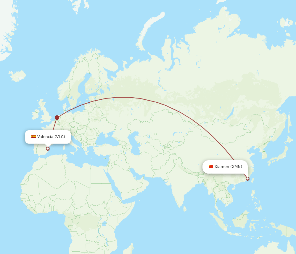 Valencia - Xiamen route map and flight paths