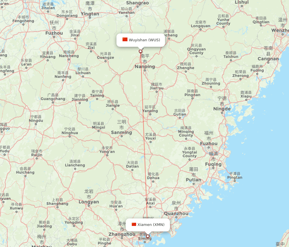 Xiamen - Wuyishan route map and flight paths