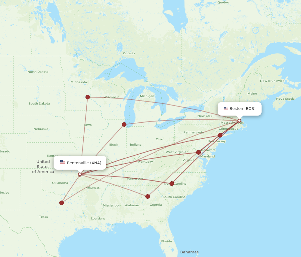XNA to BOS flights and routes map
