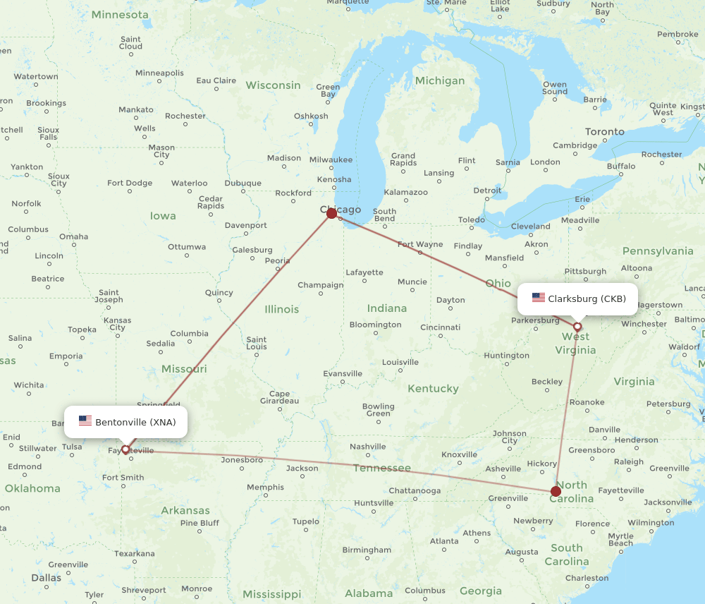 XNA to CKB flights and routes map