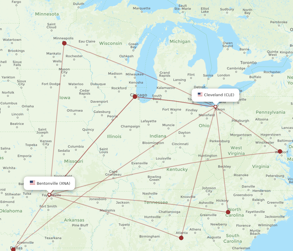 XNA to CLE flights and routes map