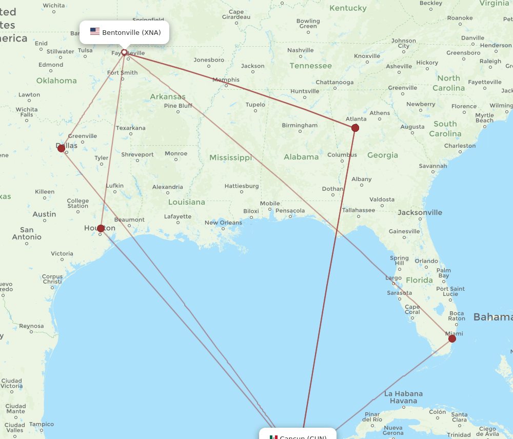XNA-CUN flight routes