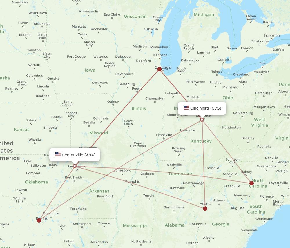 XNA to CVG flights and routes map