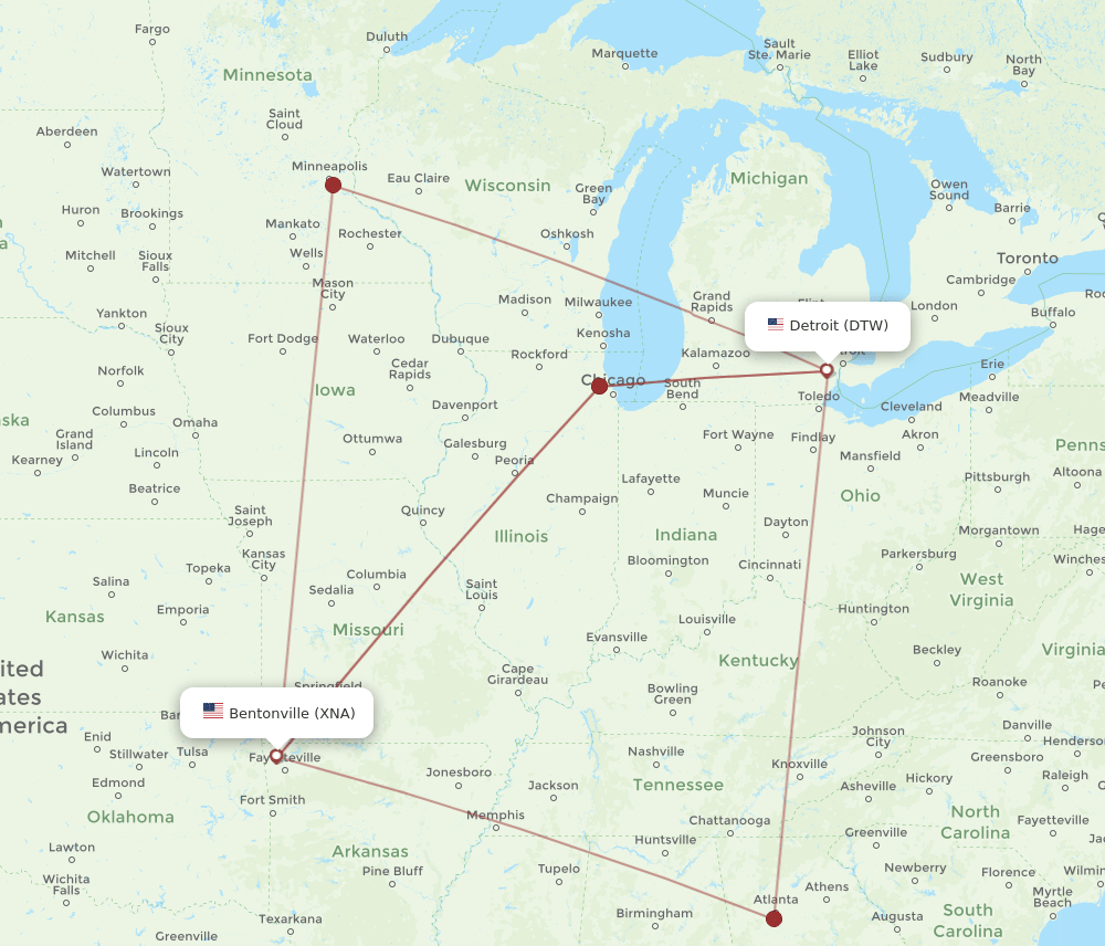 XNA to DTW flights and routes map