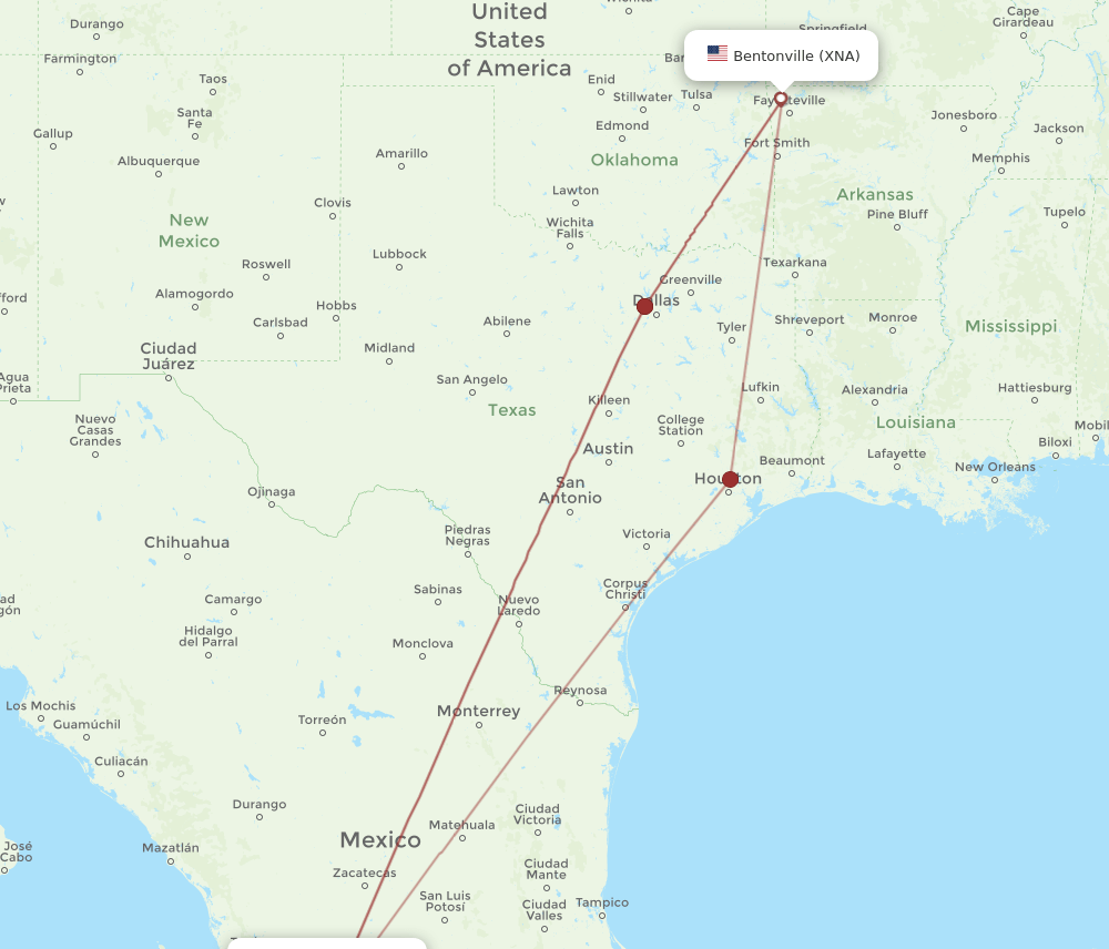 XNA to GDL flights and routes map