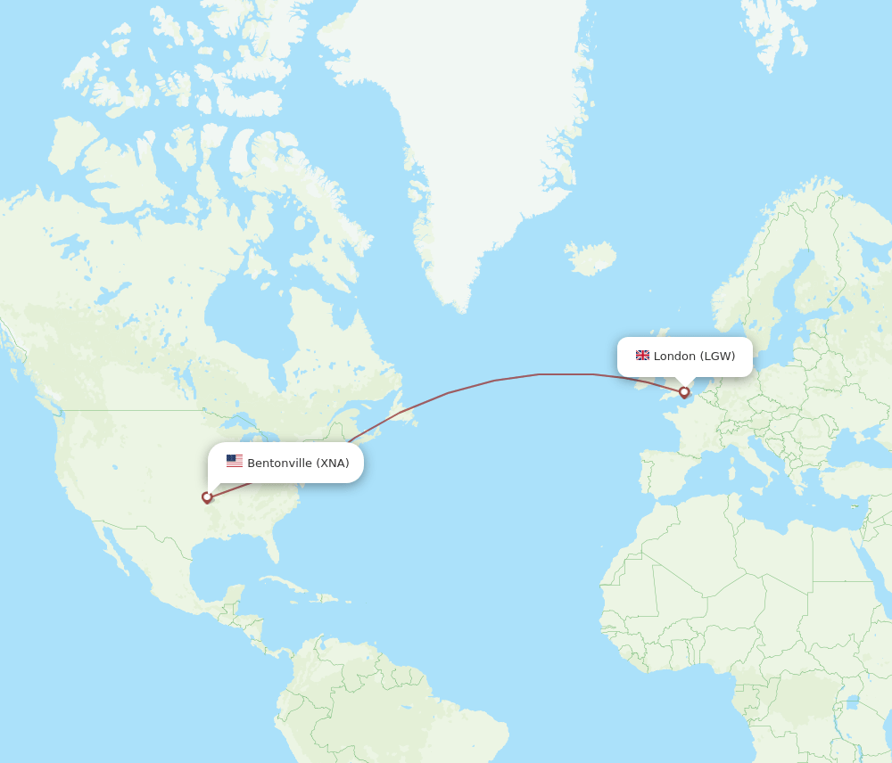 London - Bentonville route map and flight paths