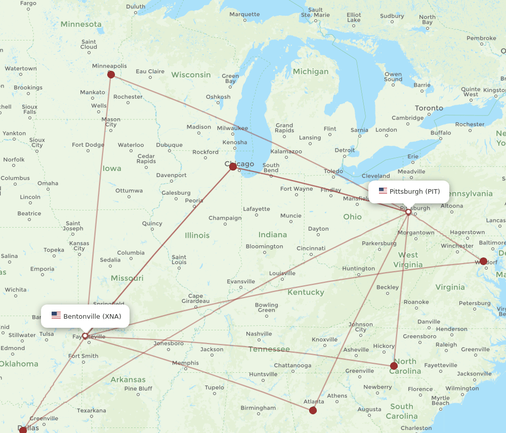 XNA to PIT flights and routes map