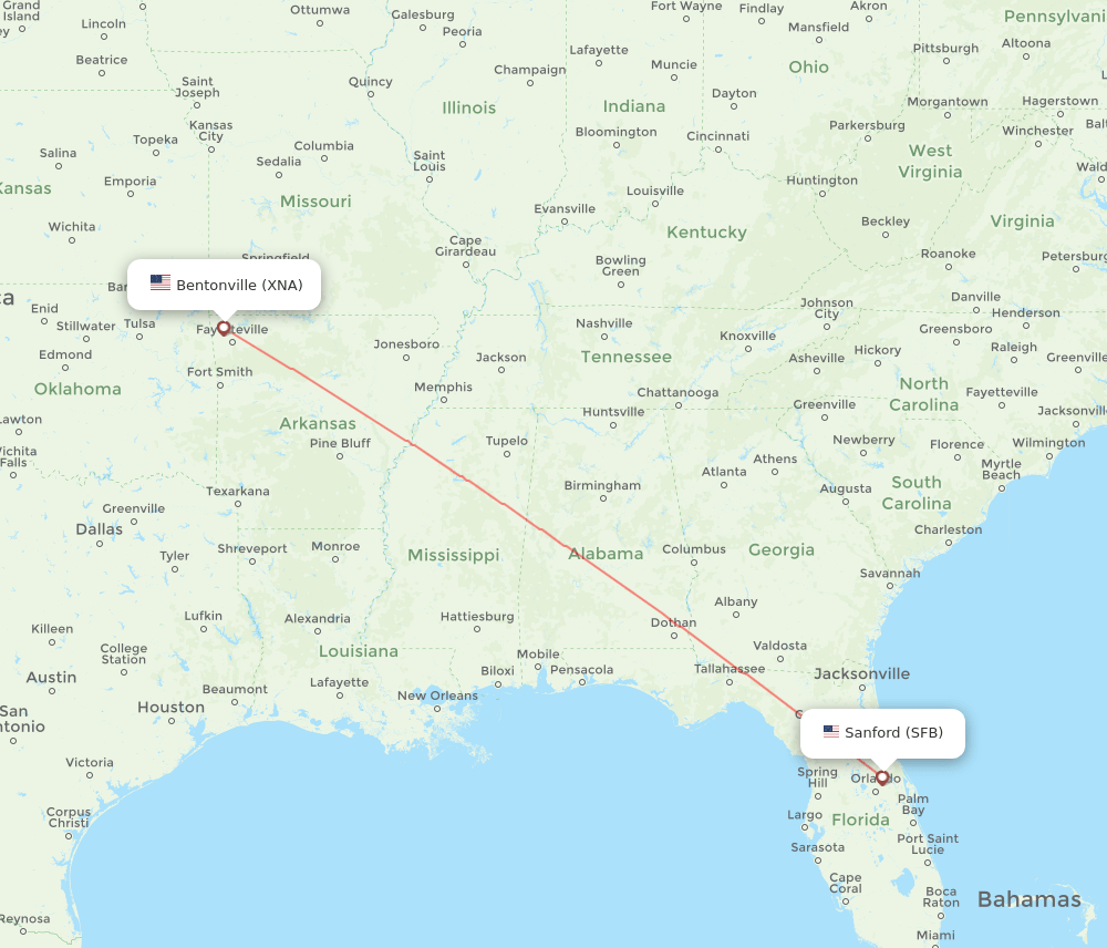 Bentonville - Orlando route map and flight paths