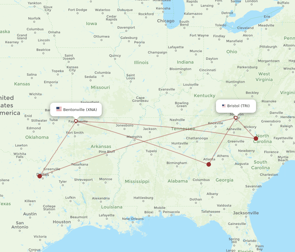 XNA to TRI flights and routes map
