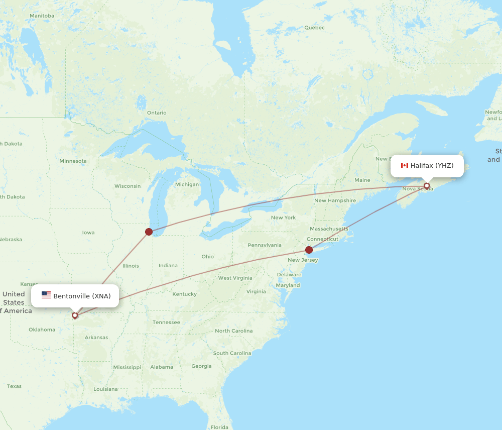 Halifax - Bentonville route map and flight paths