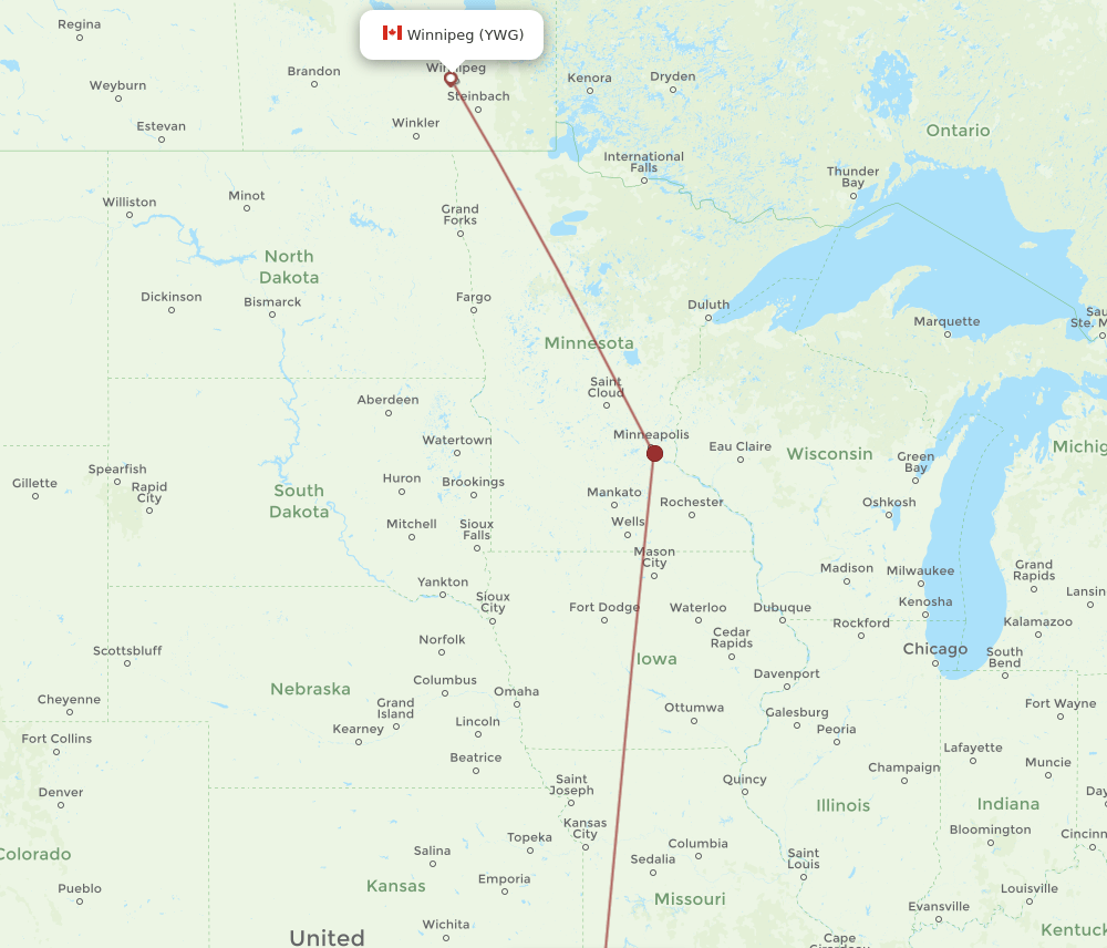 Winnipeg - Bentonville route map and flight paths
