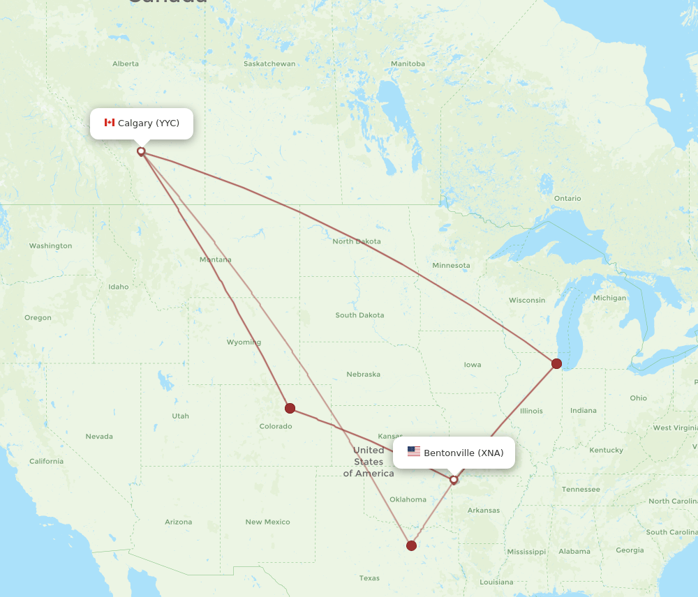 Calgary - Bentonville route map and flight paths