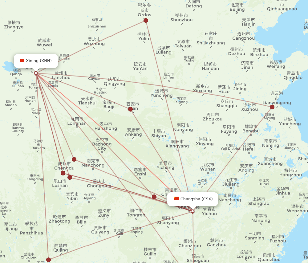 XNN to CSX flights and routes map