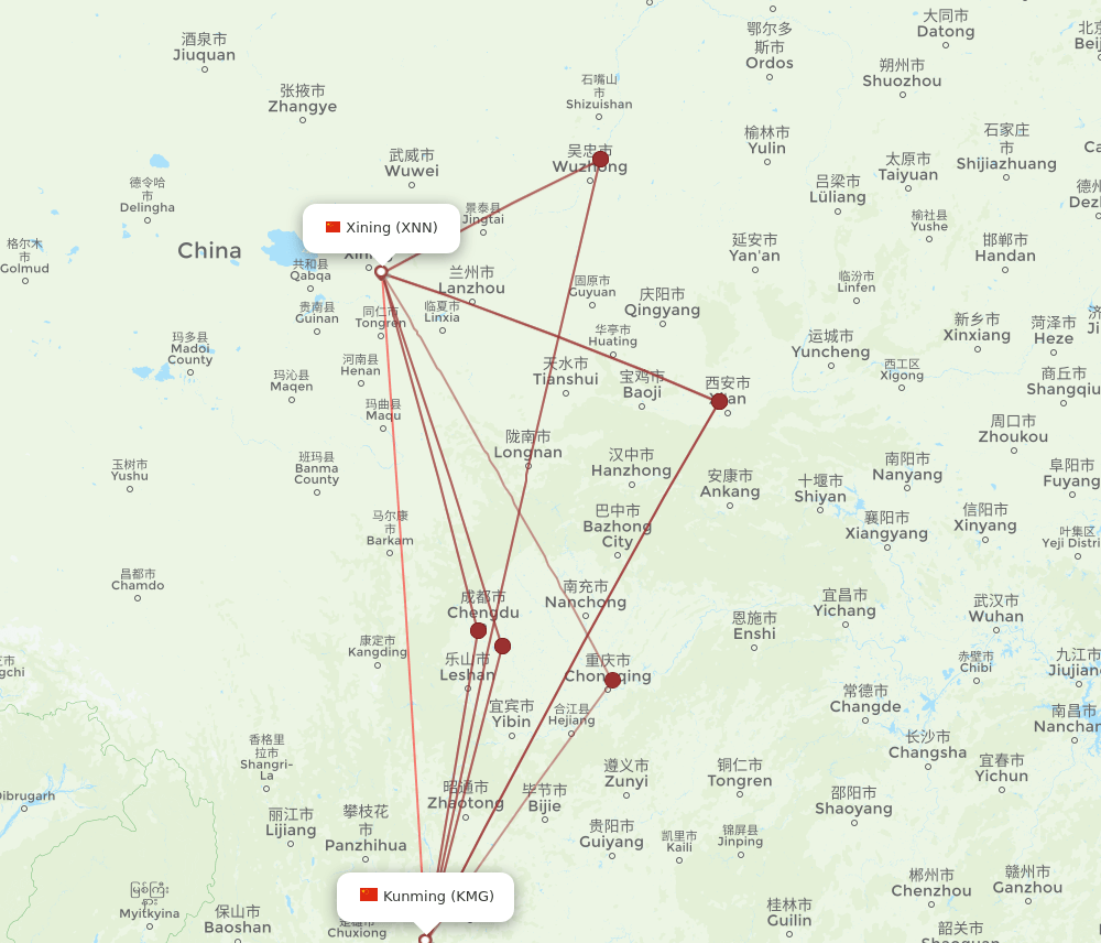 XNN-KMG flight routes