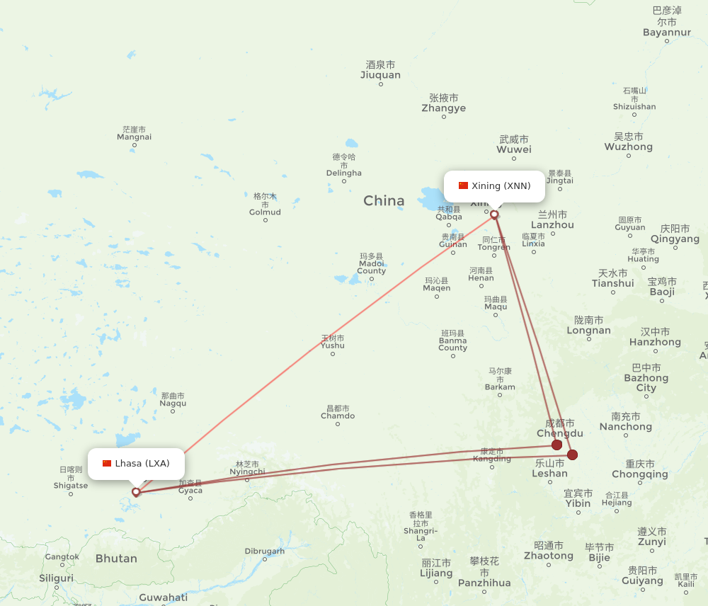 XNN to LXA flights and routes map