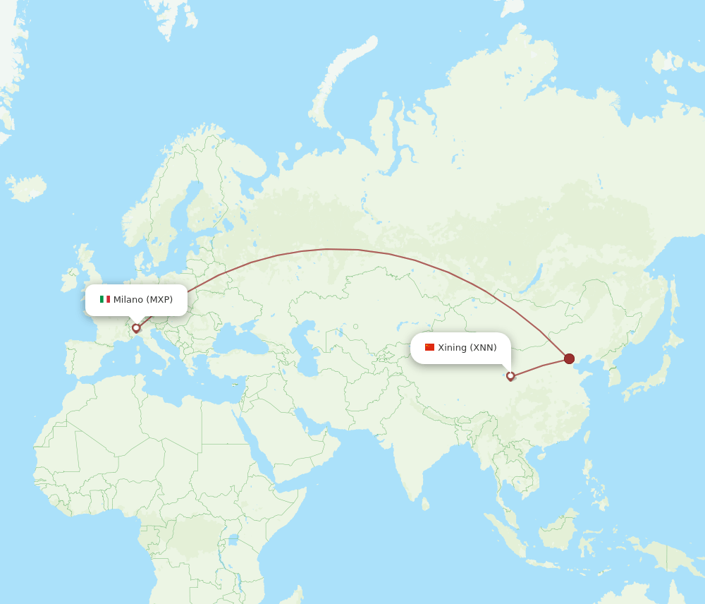 Milan - Xining route map and flight paths