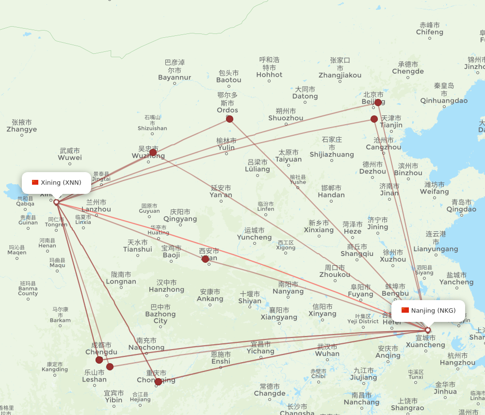 XNN to NKG flights and routes map
