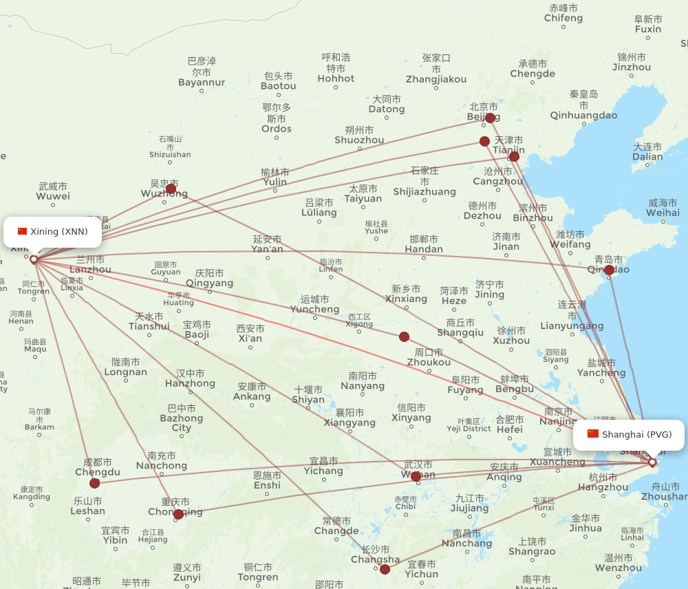 XNN to PVG flights and routes map