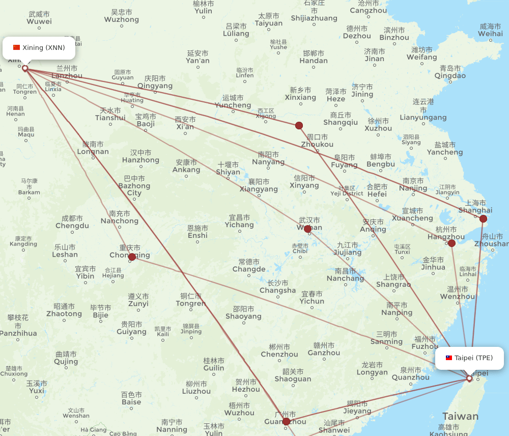 XNN to TPE flights and routes map
