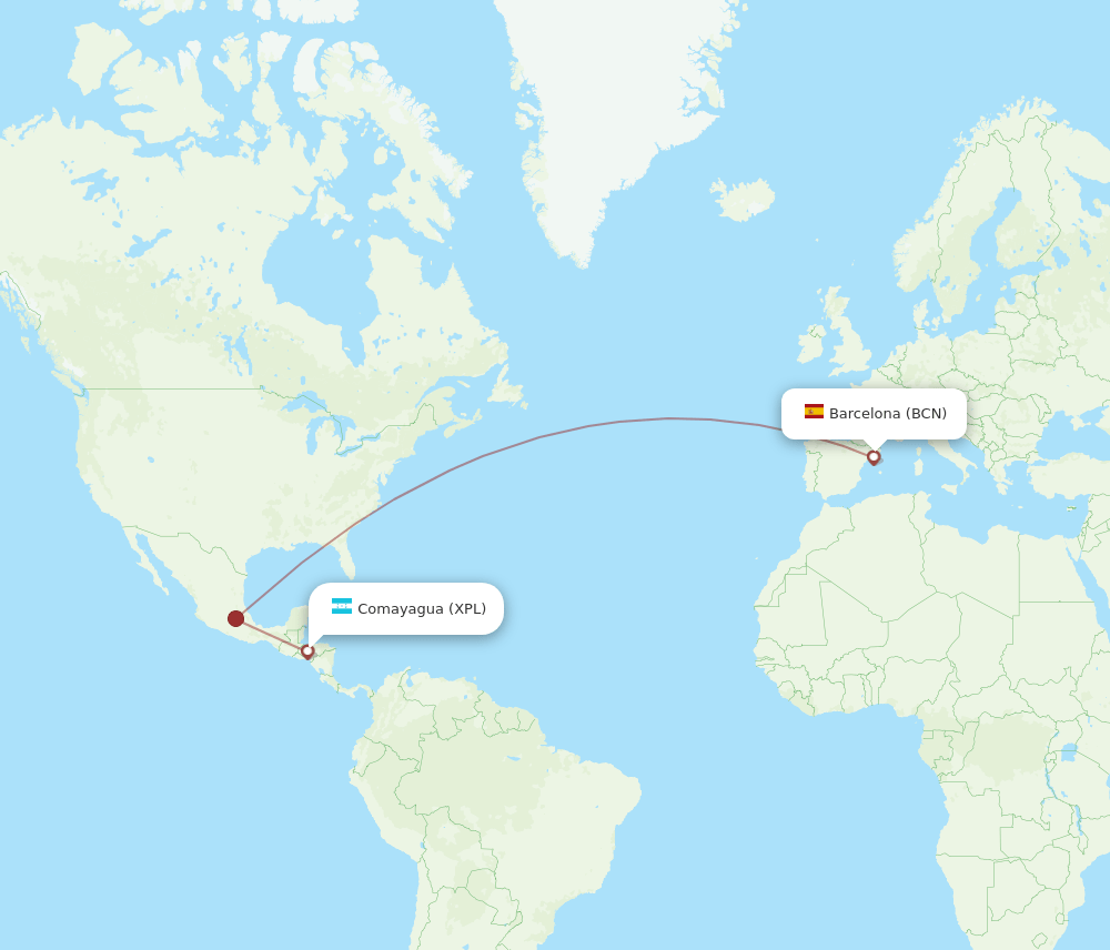 Barcelona - Comayagua route map and flight paths