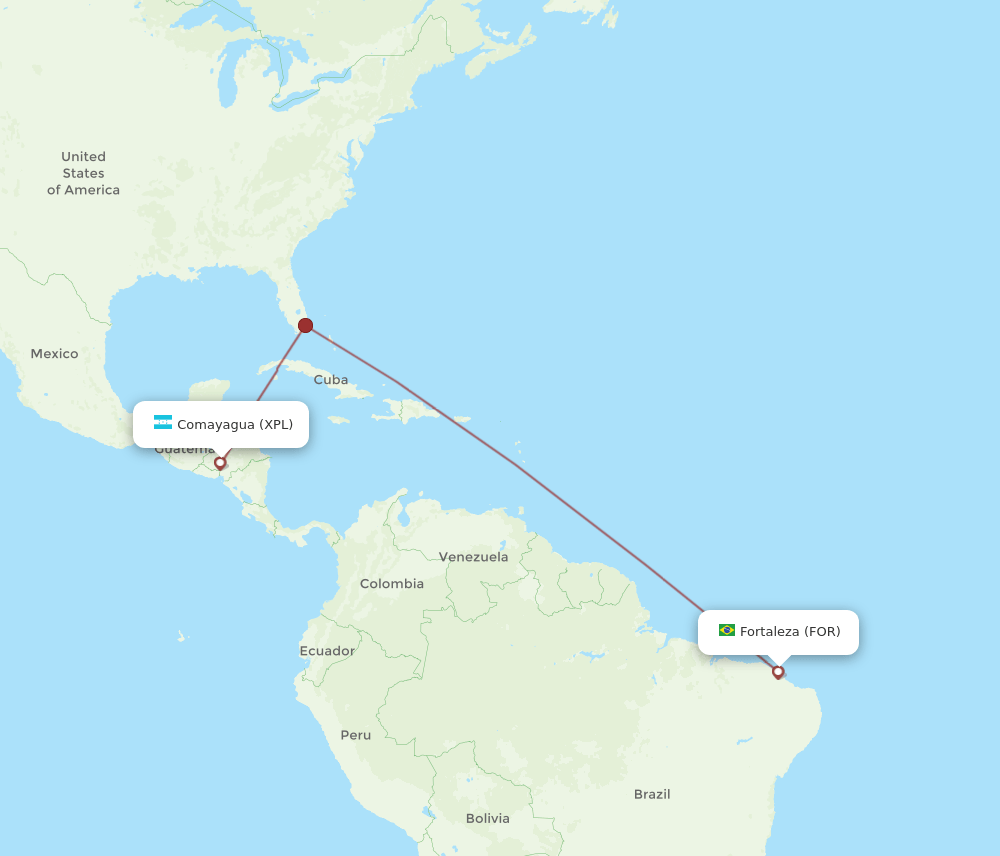 Fortaleza - Comayagua route map and flight paths