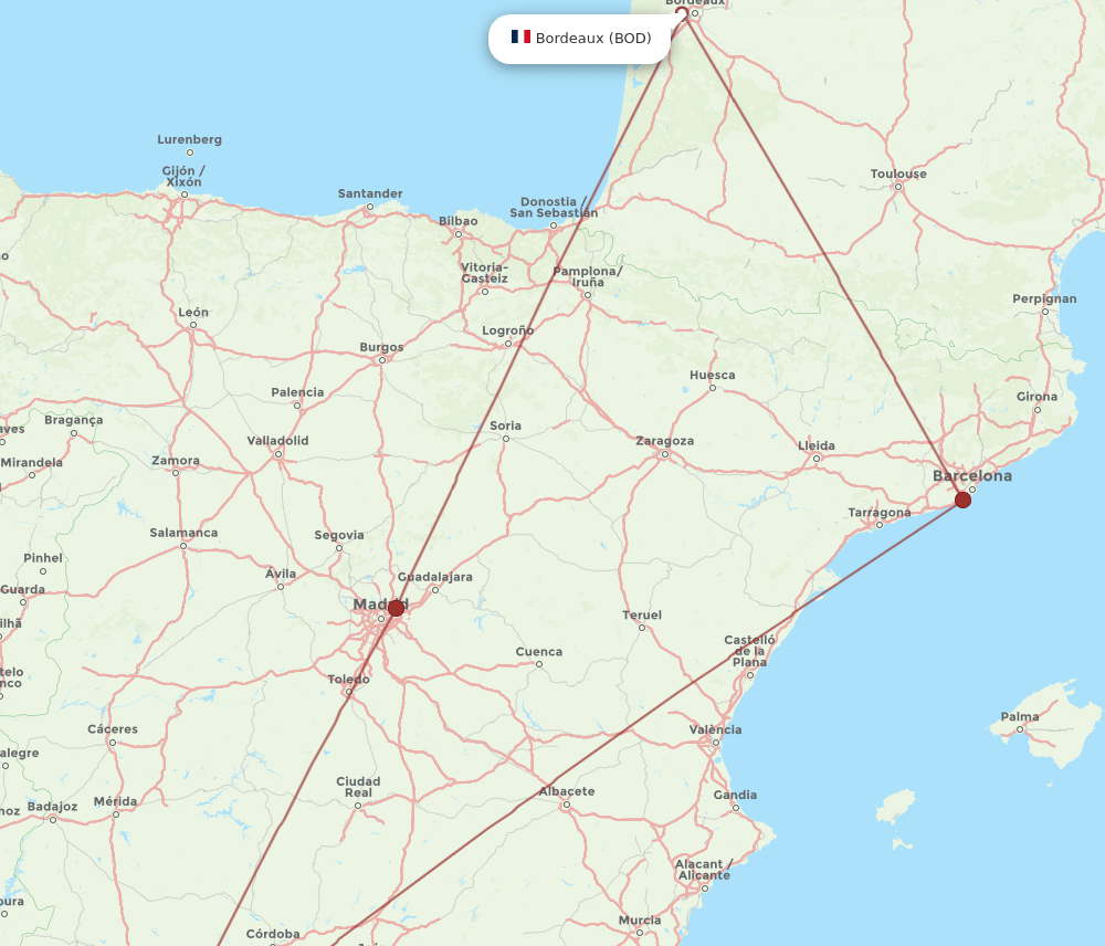 XRY to BOD flights and routes map