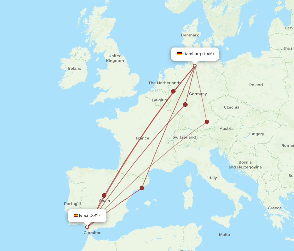 XRY to HAM flights and routes map