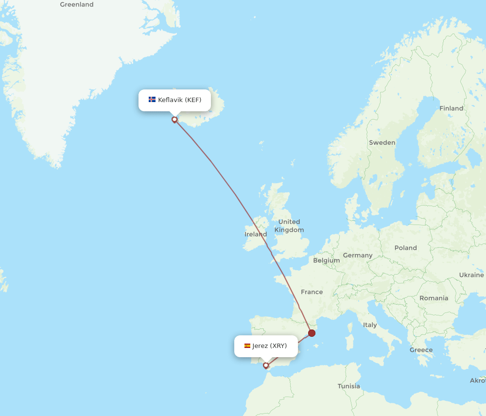Jerez De La Frontera - Reykjavik route map and flight paths