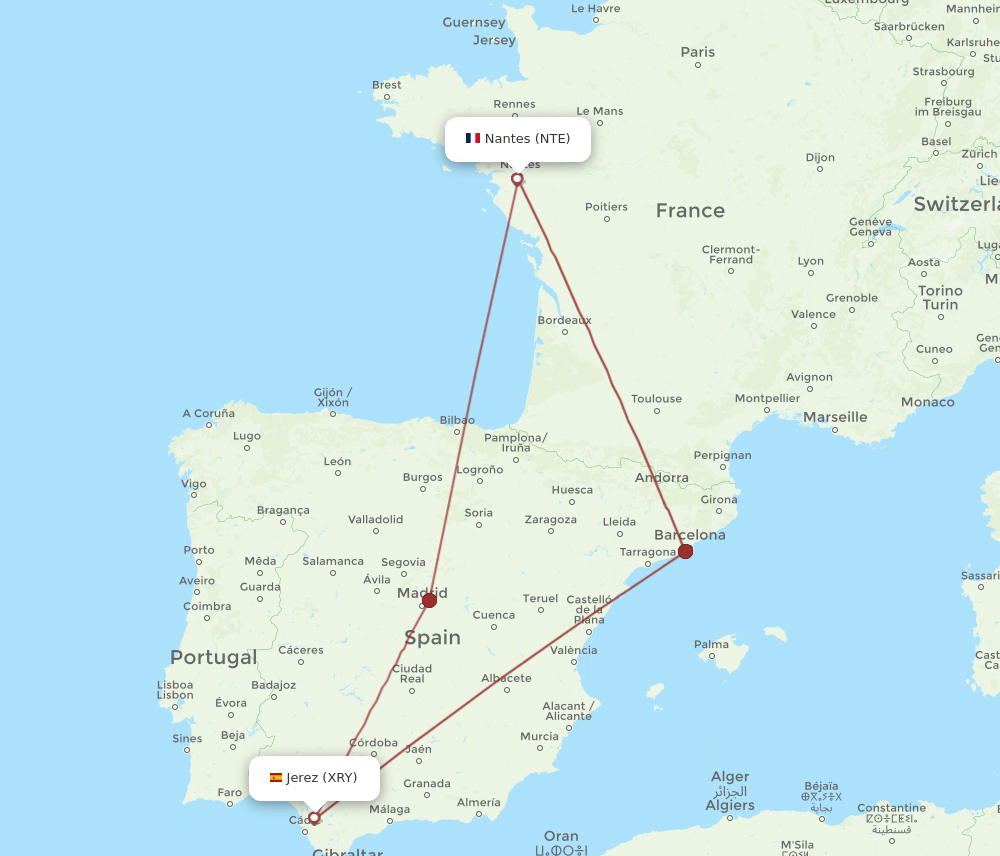 XRY to NTE flights and routes map