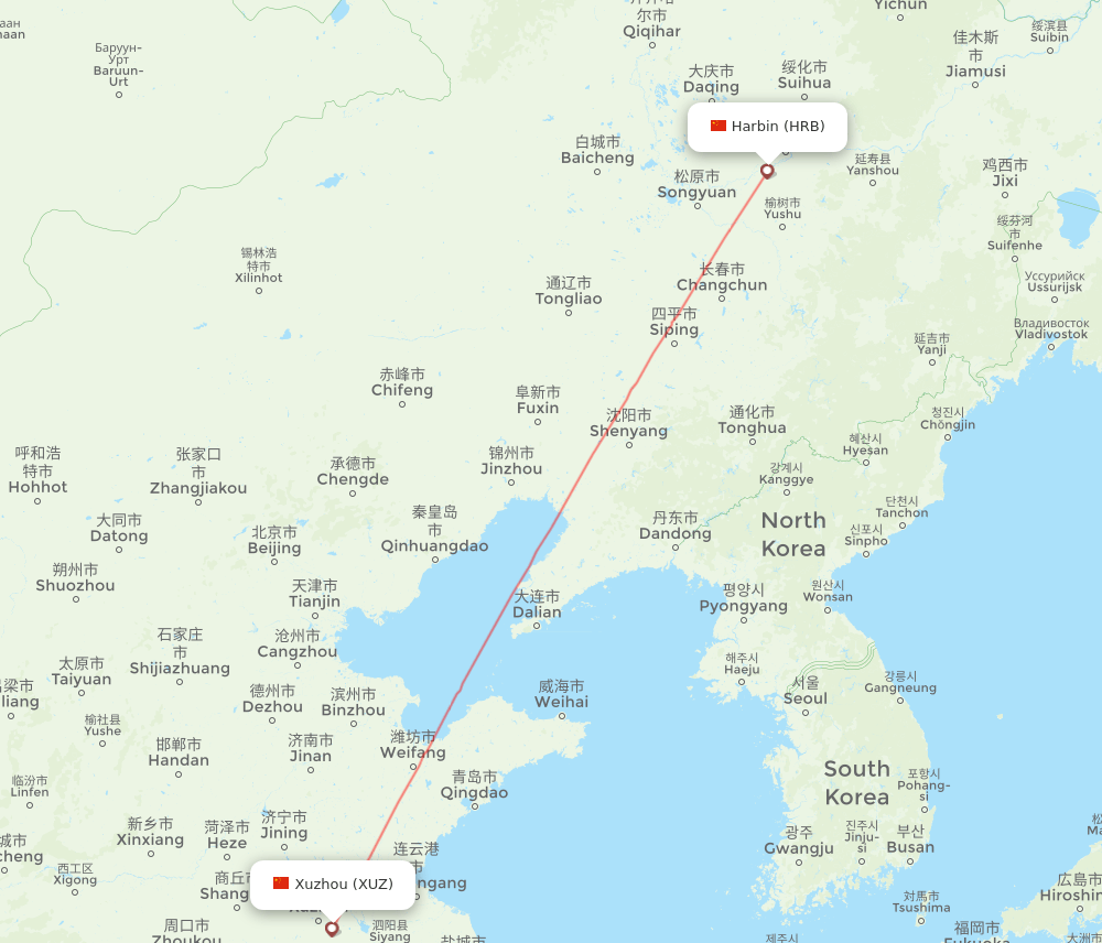 Xuzhou - Harbin route map and flight paths