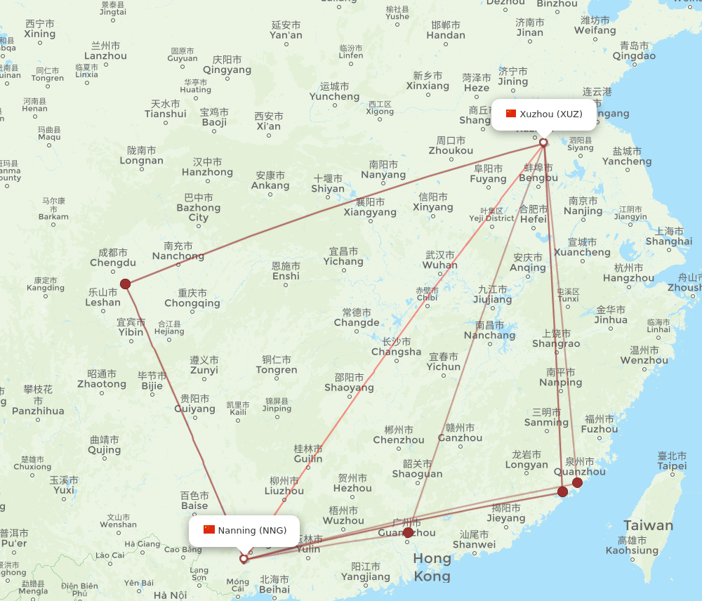 XUZ to NNG flights and routes map