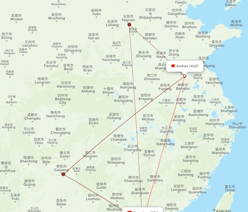 XUZ to SZX flights and routes map