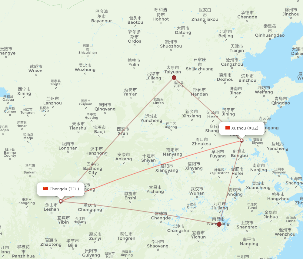 XUZ to TFU flights and routes map