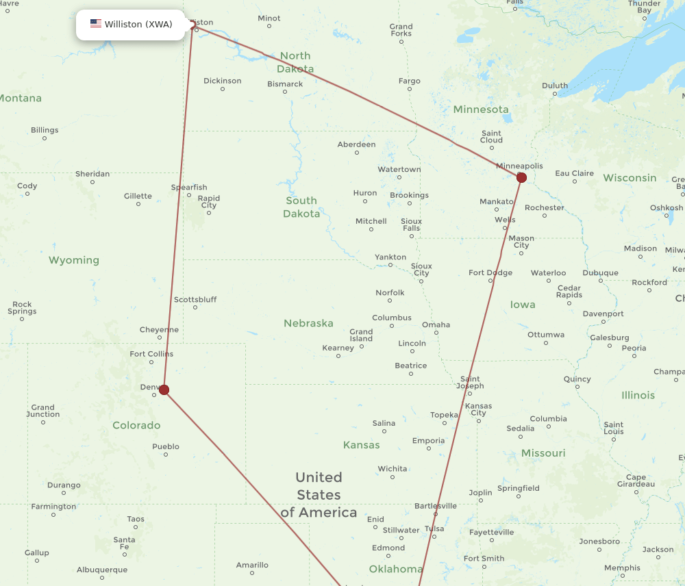 XWA-DFW flight routes