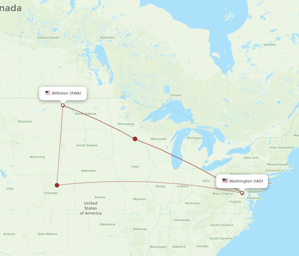 XWA-IAD flight routes