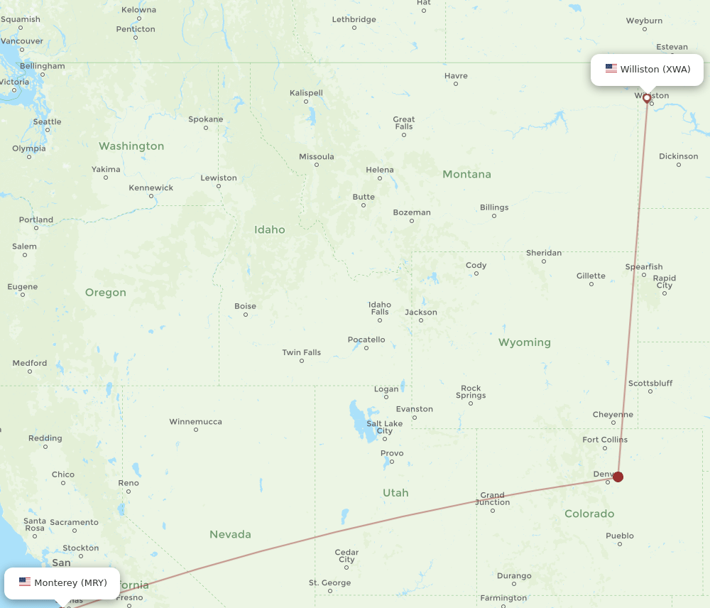 XWA to MRY flights and routes map