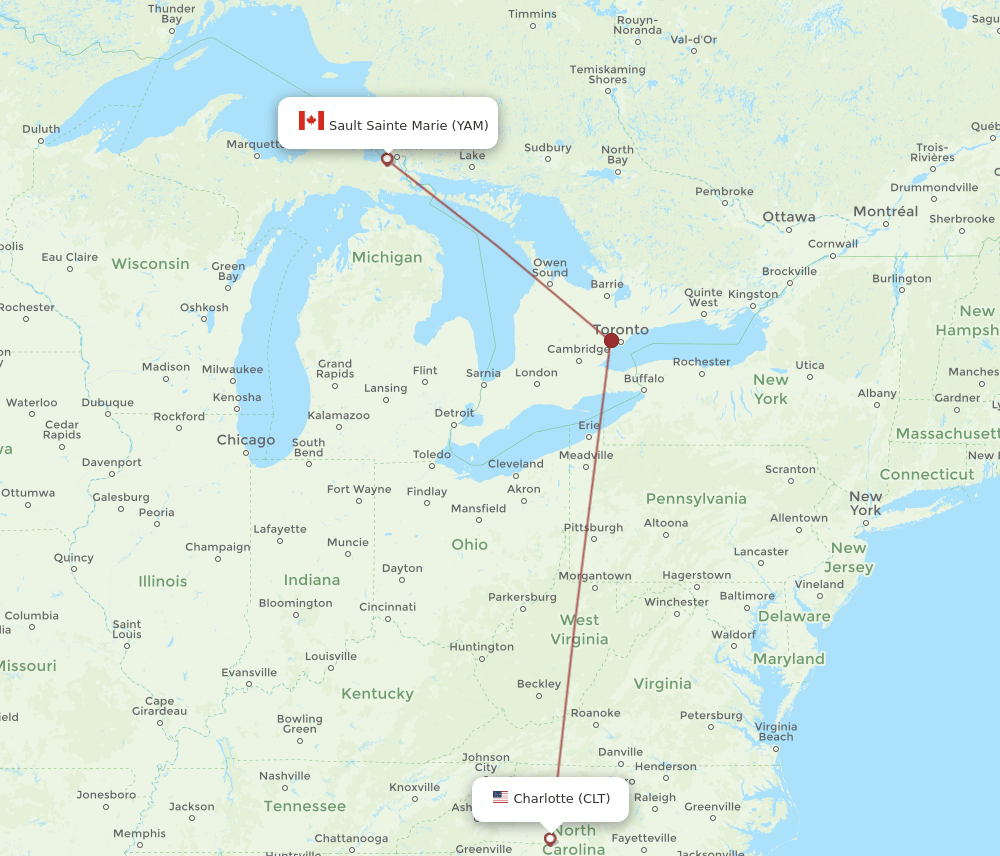 YAM-CLT flight routes