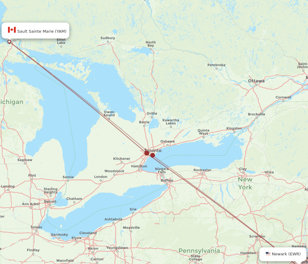 YAM-EWR flight routes
