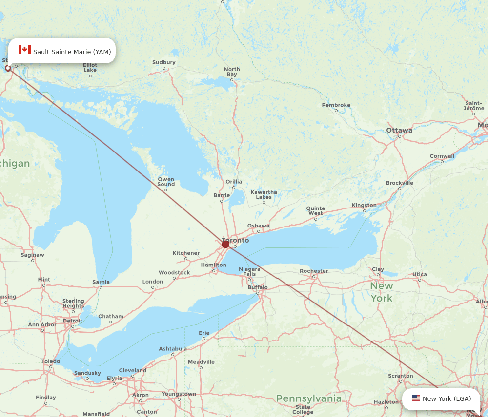 YAM to LGA flights and routes map