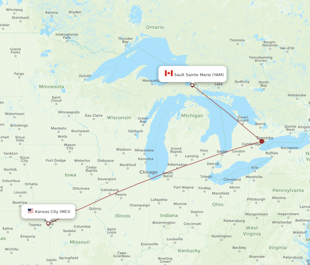 Sault Ste. Marie - Kansas City route map and flight paths