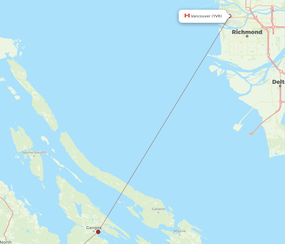 YAQ to YVR flights and routes map