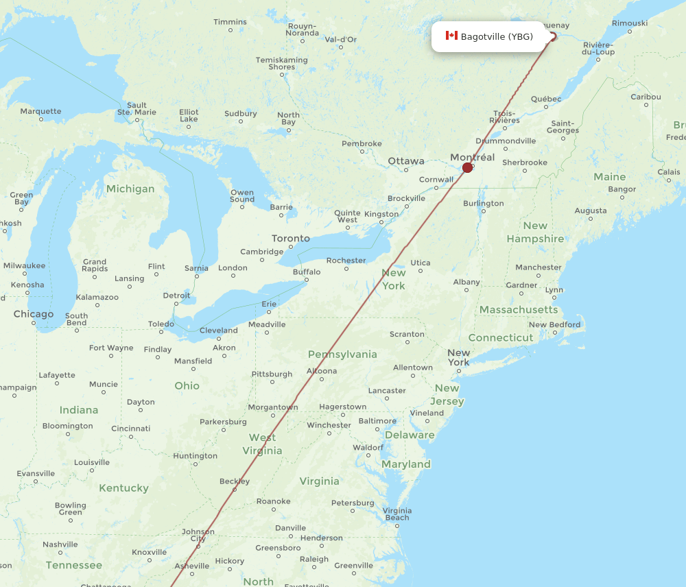 Atlanta - La Baie route map and flight paths